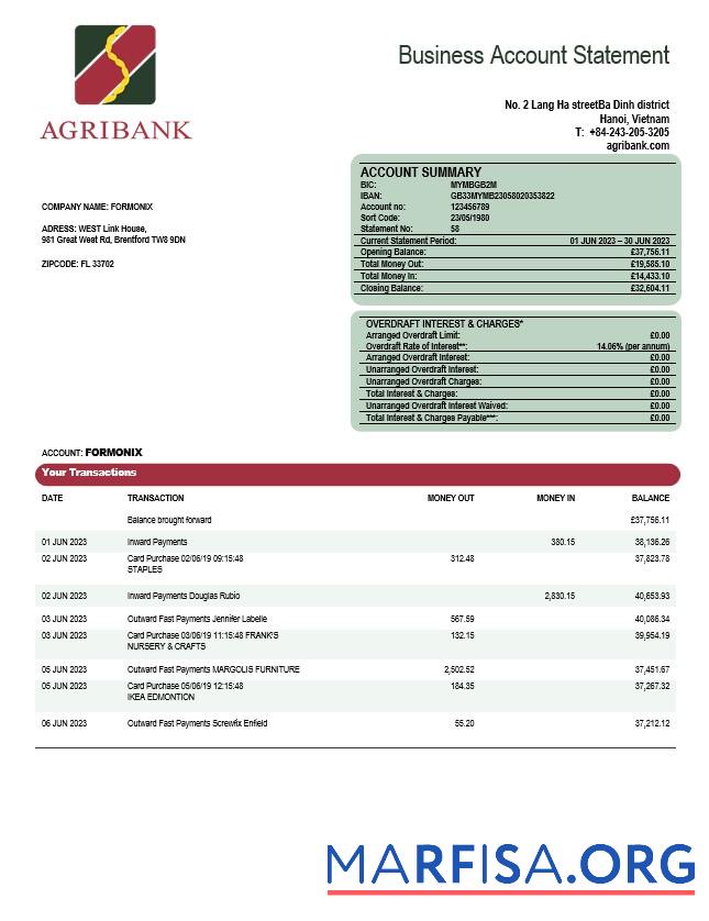 Printable Agribank company statement Word and PDF template